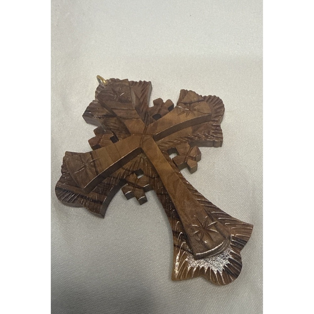 Vintage Olive Wood Bethlehem Carve Cross Pendant Religion Decor Jewelry Ornament